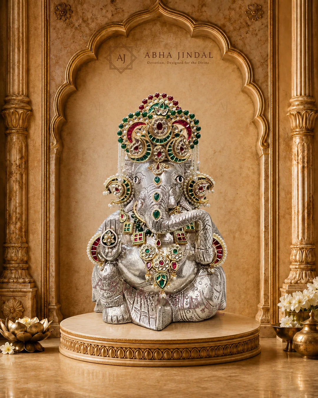 Seated Ganesh Ji complete shringar in silver-tone styling with green and ruby-red accents