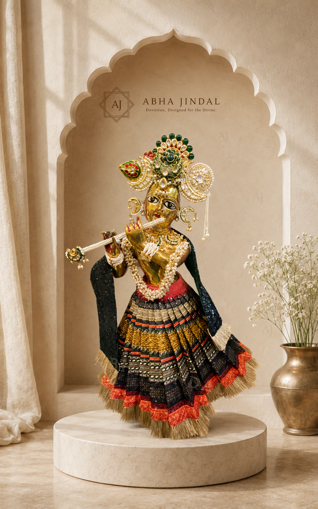 Standing Krishna Ji in black, red and green tiered attire with a bansuri and peacock-led crown