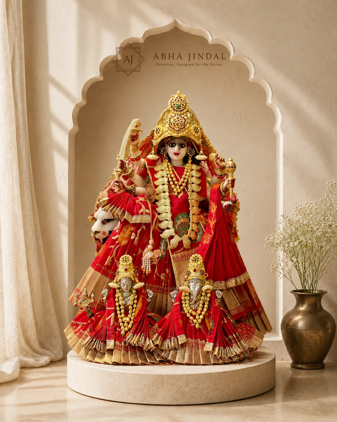 Crimson Mata Rani complete shringar with a central crowned figure and smaller accompanying forms