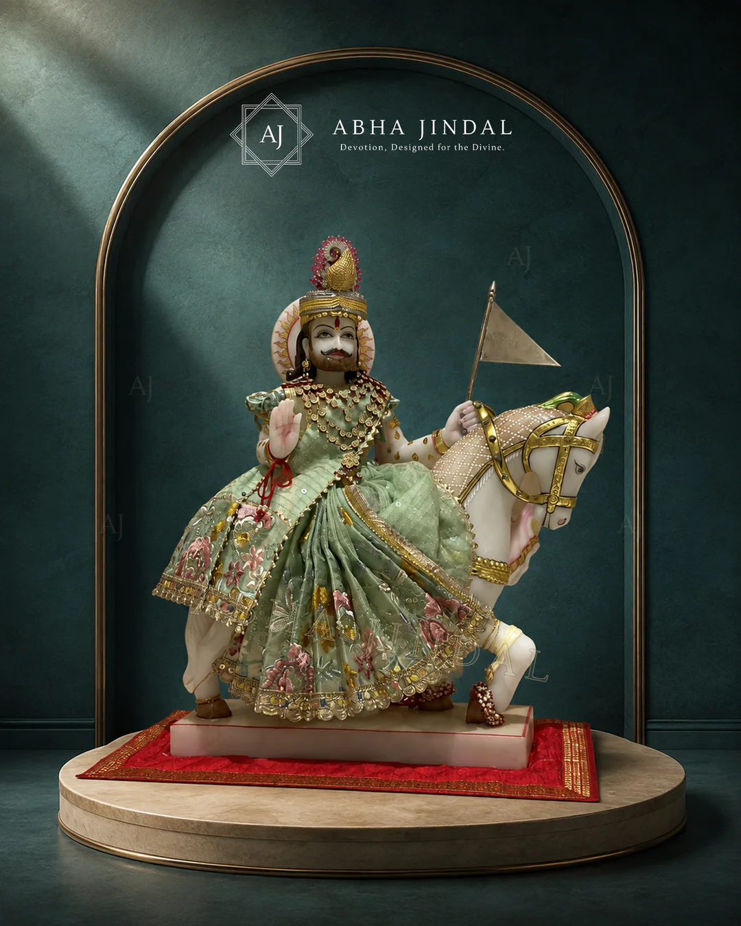 Shyam Baba in pale green and blush-pink attire presented with a white horse figure and tall crown