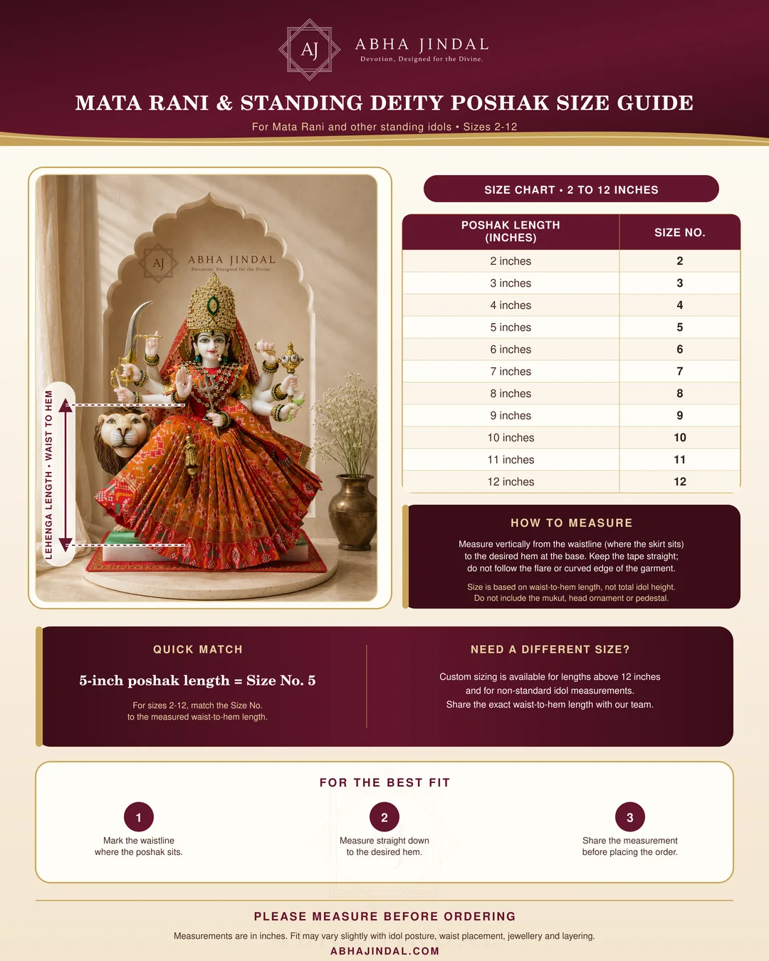 Mata Rani and standing Thakurji Poshak size guide showing waist-to-hem measurement and sizes 2 to 12.